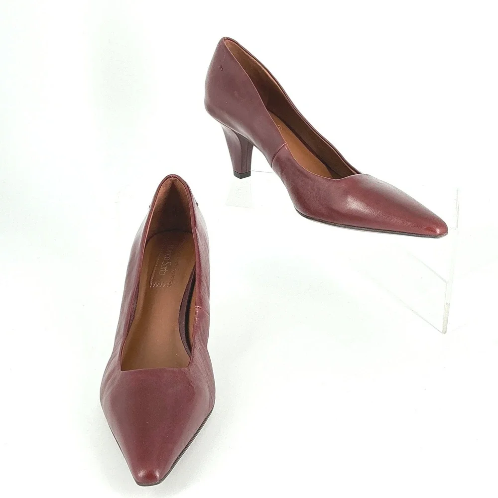 Franco Sarto Size 8 Burgundy Leather Pointed Toe Kitten Heel Pumps Astra